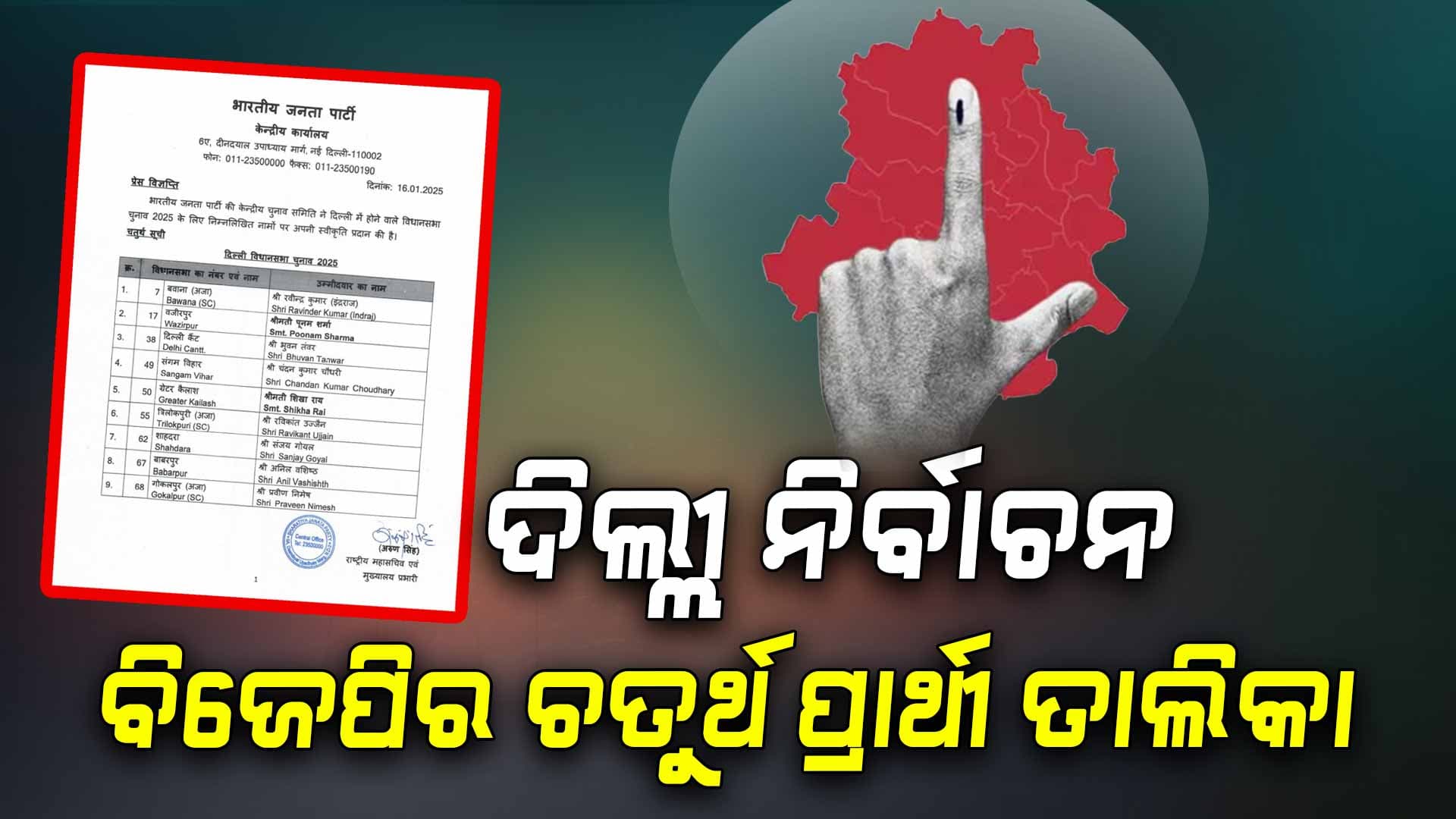 ଦିଲ୍ଲୀ ବିଧାନସଭା ନିର୍ବାଚନ; ୪ର୍ଥ ପର୍ଯ୍ୟାୟ ପ୍ରାର୍ଥୀ ତାଲିକା ଘୋଷଣା କଲା ବିଜେପି