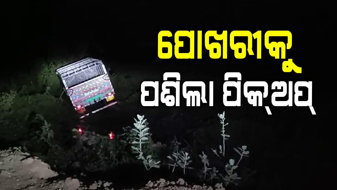 ଭାରସାମ୍ୟ ହରାଇ ରାସ୍ତା ପାର୍ଶ୍ବକୁ ଖସିଲା ପିକ୍‌ଅପ୍‌