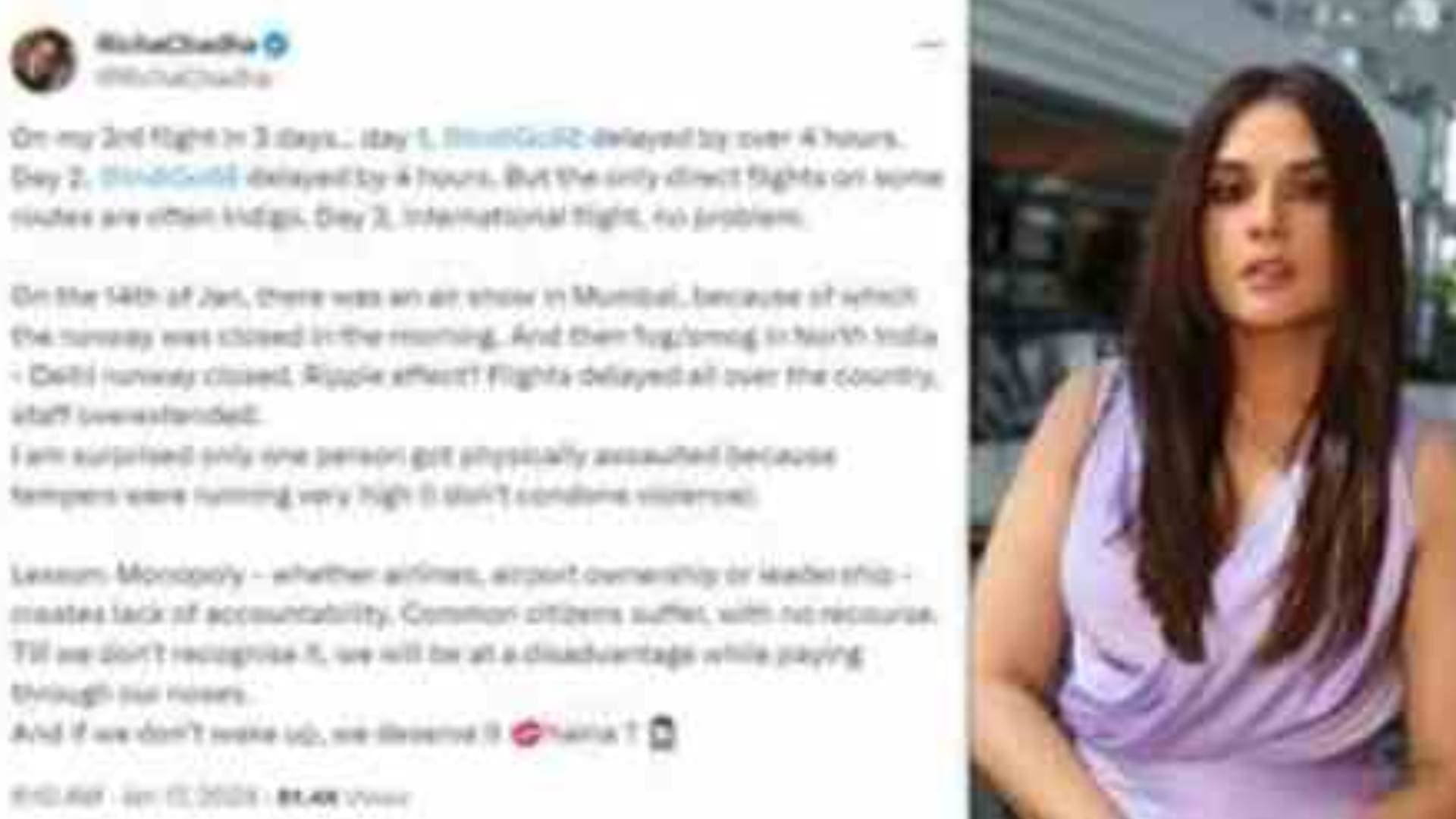 Richa Chadha Faces 4-Hour Delay With IndiGo Flights, Highlights Monopoly In Aviation Sector