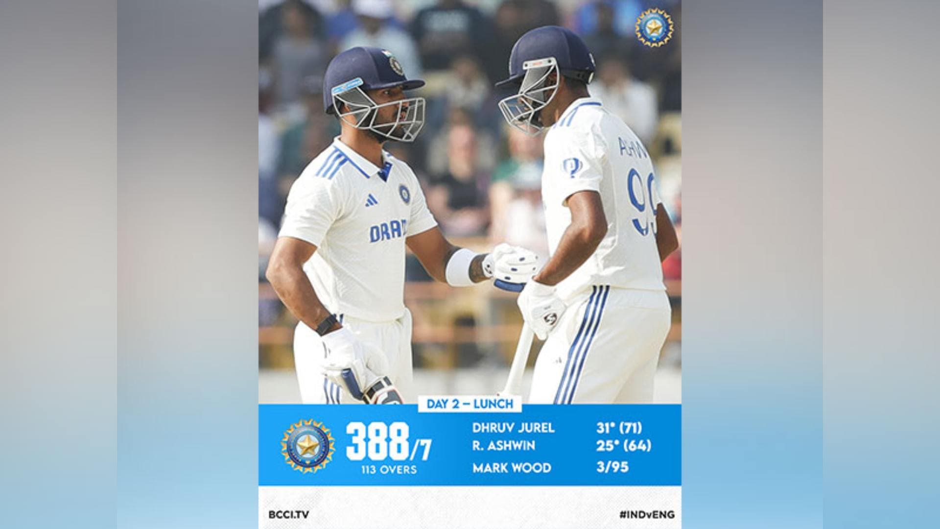 Ashwin, Jurel Helps India To 388/7 At Day 2 Lunch