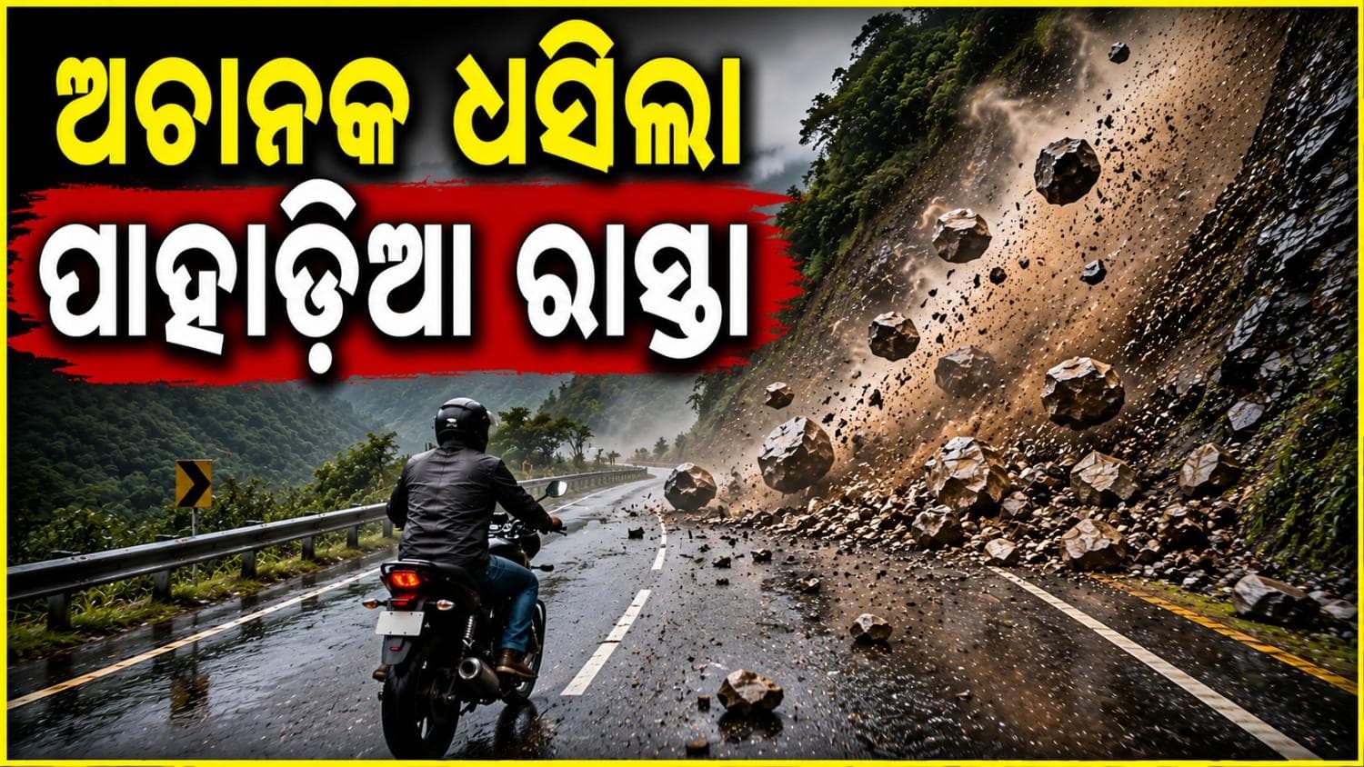 ରାସ୍ତା ପାର ହେବା ବେଳେ ହଠାତ୍ ଧସିଲା ପାହାଡ଼; ଅଳ୍ପକେ ବର୍ତ୍ତିଲେ ବାଇକ ଚାଳକ
