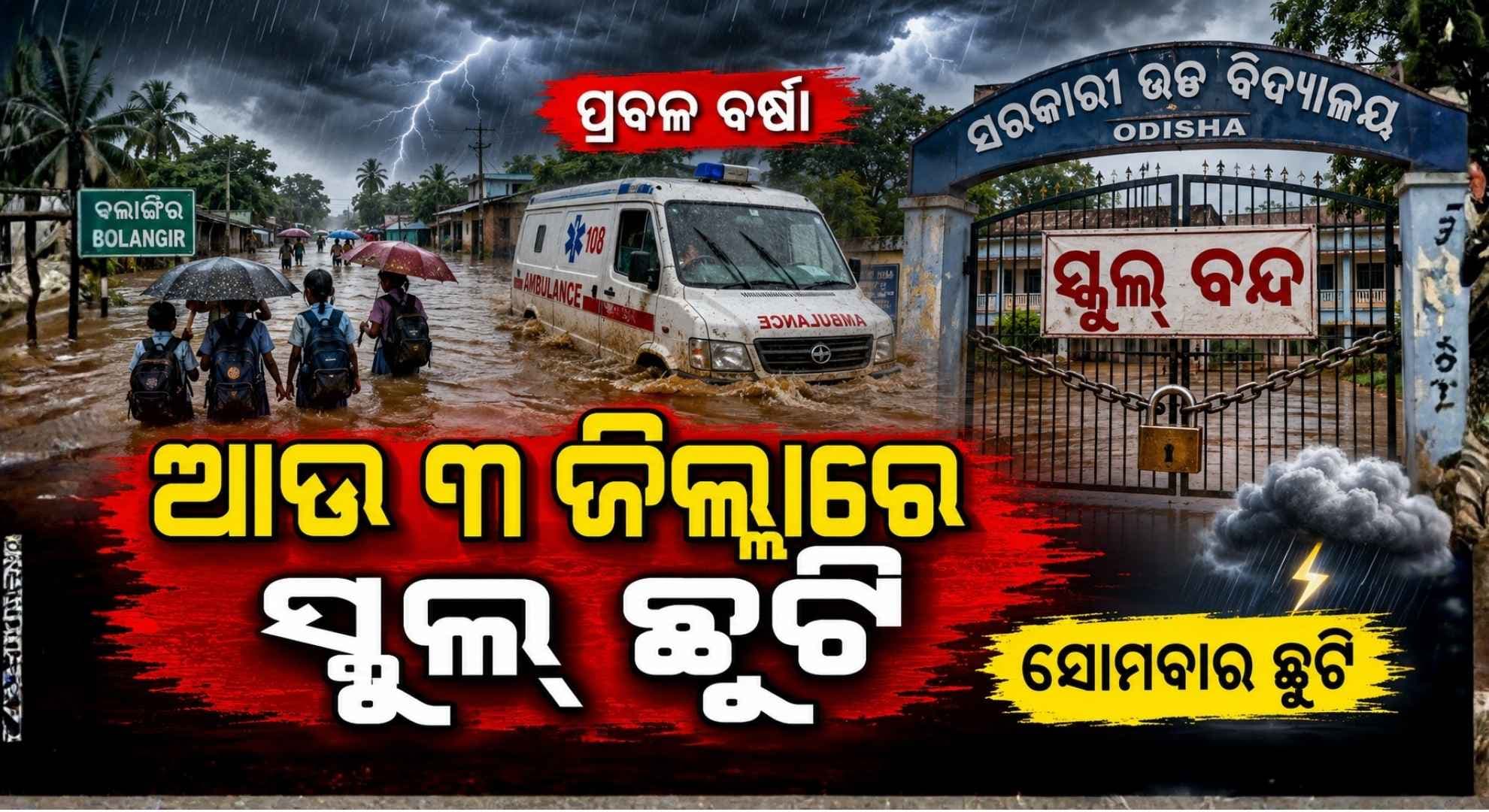 ୭ ଜିଲ୍ଲାରେ ସ୍କୁଲ୍ ଛୁଟି ଘୋଷଣା; ବଲାଙ୍ଗିରରେ ରୋଗୀ ଆଣିବାକୁ ଯାଇ ଫସିଲା ଆମ୍ବୁଲାନ୍ସ