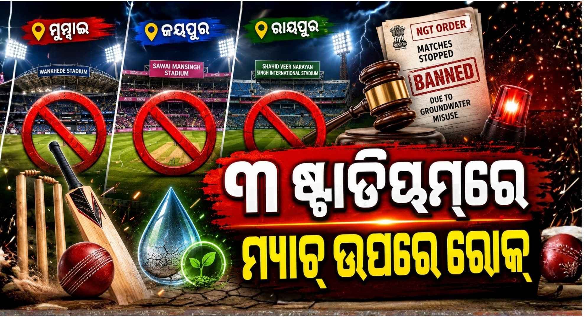 ମୁମ୍ବାଇ, ଜୟପୁର ଓ ରାୟପୁର ଷ୍ଟାଡିୟମ୍ରେ ହୋଇପାରିବନି କ୍ରିକେଟ୍ ମ୍ୟାଚ୍; NGT ଲଗାଇଲେ କଟକଣା