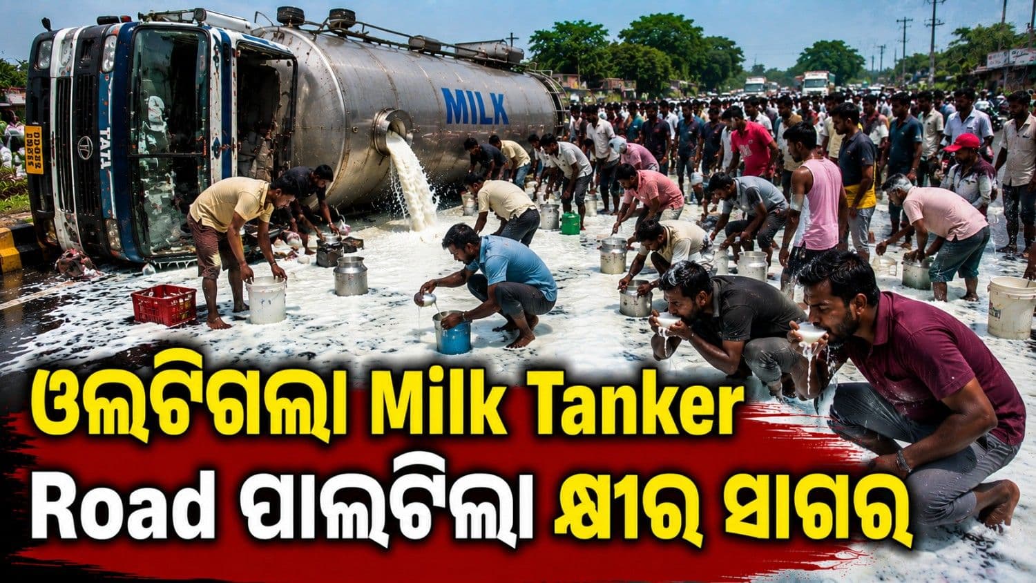 ରାସ୍ତାରେ ଓଲଟିଲା ଟ୍ୟାଙ୍କର; କ୍ଷୀର ସାଗର ଭାବି ପିଇ ଚାଲିଲେ ଲୋକେ