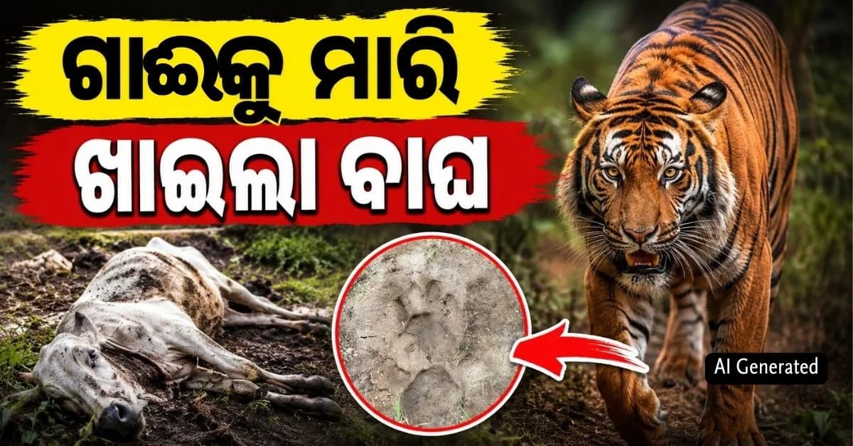 ଗୋଠରୁ ହଜିଗଲା ଗାଈ; ଜଙ୍ଗଲରୁ ମିଳିଲା କ୍ଷତବିକ୍ଷତ ମୃତଦେହ ସହ ବାଘର ପାଦଚିହ୍ନ