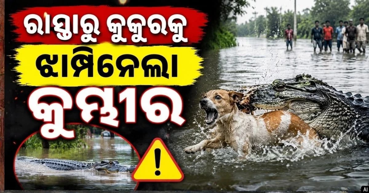 ବଢ଼ି ପାଣି ଭିତରେ ବଡ଼ ଆତଙ୍କ; ବୁଲା କୁକୁରକୁ ଟାଣି ନେଲା କୁମ୍ଭୀର