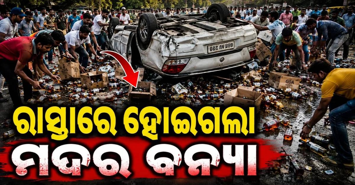 ରାସ୍ତାରେ ଓଲଟିଗଲା ମଦ ବୋଝେଇ କାର; ଲୁଟି ନେବାକୁ ମାଡ଼ି ଆସିଲେ ଲୋକ
