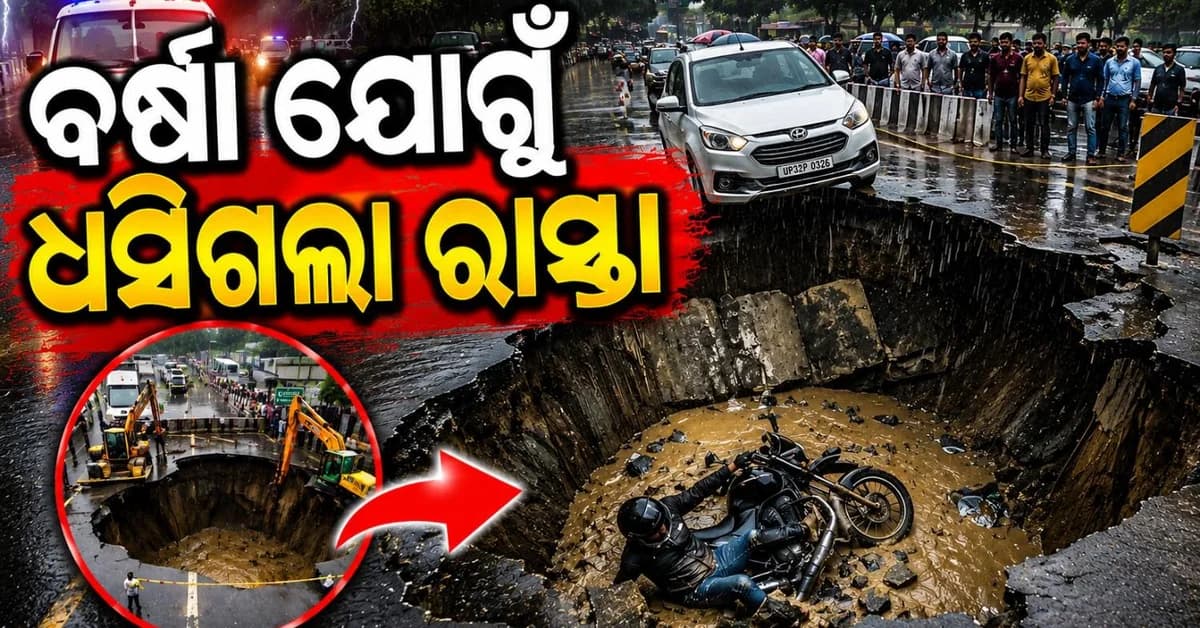 ଅଚାନକ ଧସିଗଲା ରାସ୍ତା ; ୧୦ ଫୁଟ ତଳକୁ ଚାଲିଗଲେ ବାଇକ୍ ଆରୋହୀ