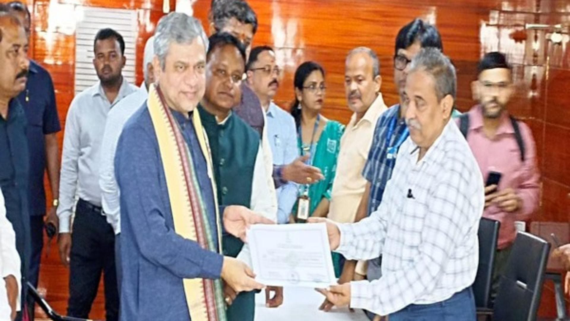 Union Minister Ashwini Vaishnaw Receives Rajya Sabha Winning Certificate In Bhubaneswar